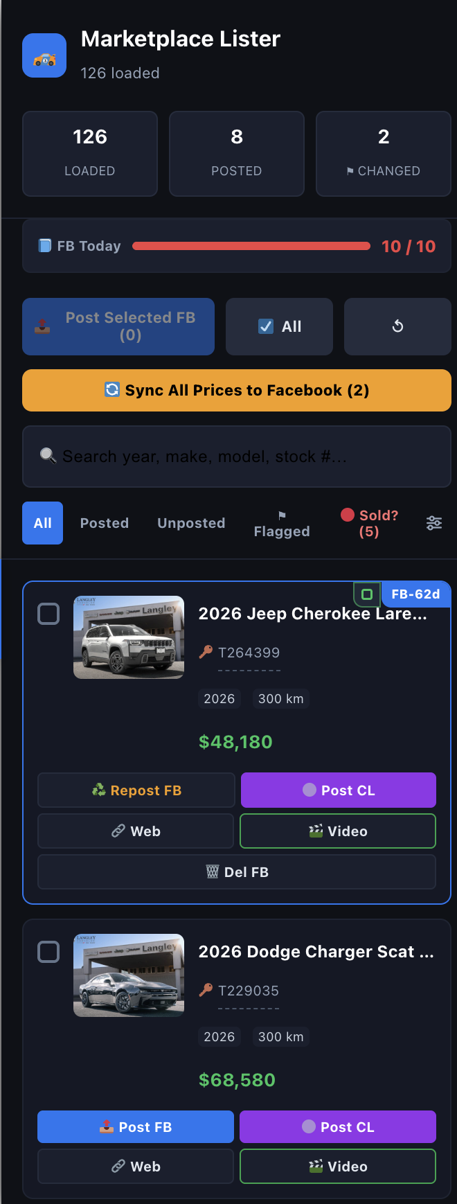 Real Marketplace Lister extension showing loaded vehicles, posted count, changed count and vehicle cards