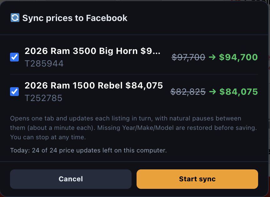 Price sync dialog showing original and updated vehicle prices before confirmation
