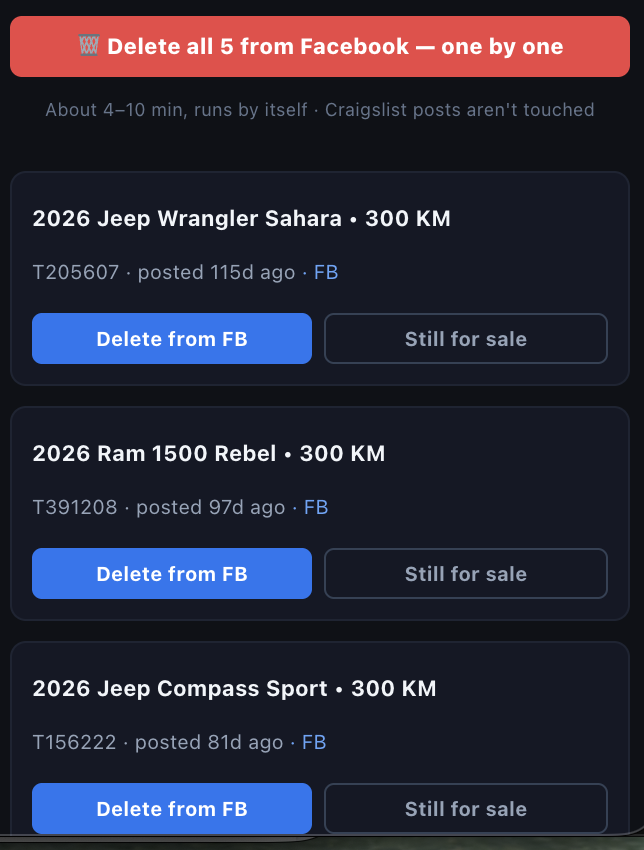 Sold-vehicle review list with delete-from-Facebook and still-for-sale choices