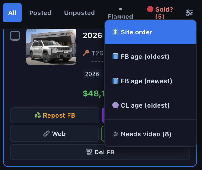 Extension inventory tabs and sorting menu with posted, unposted, flagged and video-needed views