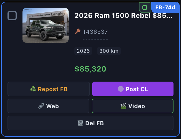 Real posted vehicle card with FB age badge and repost action