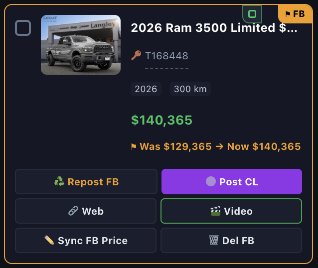Real vehicle card highlighting the former price, new price and Sync FB Price action