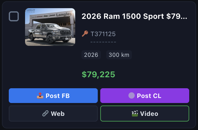 Real vehicle card with Post FB, Post CL, Web and Video actions