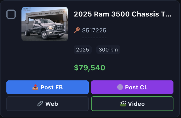 Real unposted vehicle card with Facebook, Craigslist, Web and Video buttons