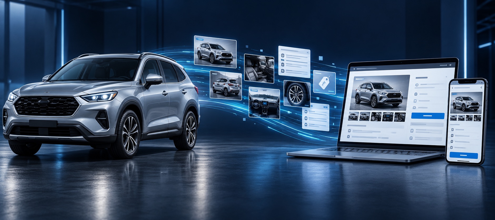 Vehicle inventory photos and details flowing into automotive listing screens